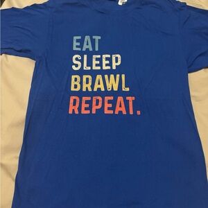 Blue Graphic T-Shirt with Colorful Text